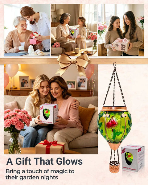 Glass Hot Air Balloon Solar Lantern With Flame Hand Painted Artwork Realistic Flickering Flame Hummingbird Accent Rustproof Metal Outdoor Solar Light For Garden Or Yard Easy Setup And Eco Friendly, shown with people gifting.