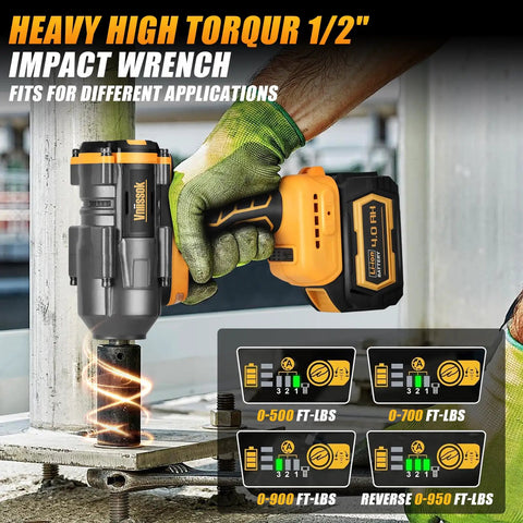 Half Inch Cordless Impact Wrench With Brushless Motor 1200 Nm Torque 900 ft lb Battery Compatible 20V LED Work Light