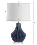 Navy Blue Ceramic Table Lamp 24.5 Inch For Bedroom And Living Room, Modern Bedside Desk Lamp With White Linen Drum Shade