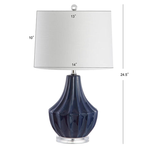 Navy Blue Ceramic Table Lamp 24.5 Inch For Bedroom And Living Room, Modern Bedside Desk Lamp With White Linen Drum Shade