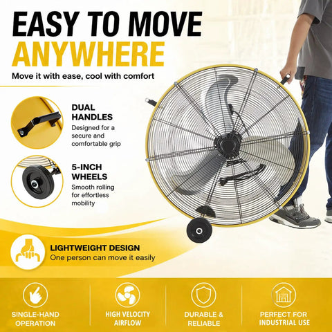 30 Inch Heavy Duty Industrial Drum Fan With Smooth Rolling Wheels Blows 12800 Cfm Hella Badass Airflow showcasing dual handles and 5-inch wheels.