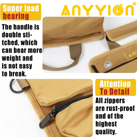 Close-up of Heavy Duty Roll Up Tool Organizer With Six Pouches, showing double-stitched handles and rust-proof zippers.