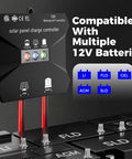 10 Amp MPPT Solar Charge Controller For 12V Systems IP68 Waterproof With LCD Display Perfect For Gel AGM Lead Acid And LiFePO4 Batteries Great For RVs Or Rigs Boats Campers Vans Trucks Trailers Panels Up To 130W showing compatibility with multiple 12V batteries