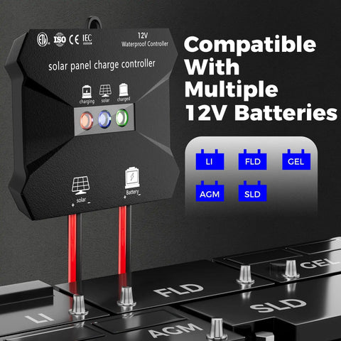 10 Amp MPPT Solar Charge Controller For 12V Systems IP68 Waterproof With LCD Display Perfect For Gel AGM Lead Acid And LiFePO4 Batteries Great For RVs Or Rigs Boats Campers Vans Trucks Trailers Panels Up To 130W showing compatibility with multiple 12V batteries