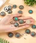 Rugged Western Zinc Alloy Conchos With Eighteen Faux Turquoise Screw Back Rivets displayed in hand for crafting projects.