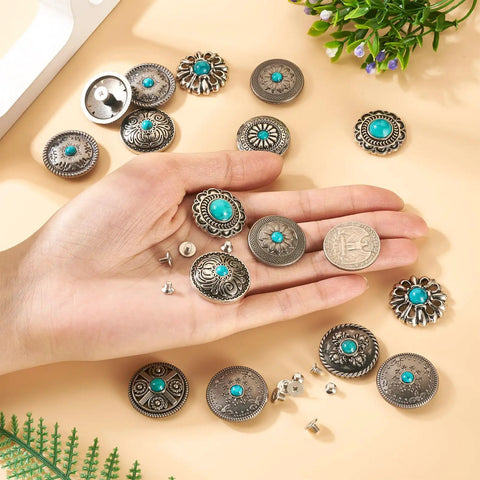 Rugged Western Zinc Alloy Conchos With Eighteen Faux Turquoise Screw Back Rivets displayed in hand for crafting projects.