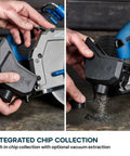 Image of hands demonstrating integrated chip collection on a 6 1/2 Inch Cordless Circular Saw With Kickass Cold Cut Design For Spark Free Steel Slicing.