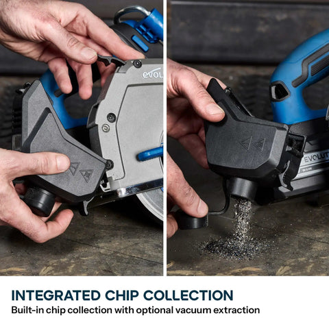 Image of hands demonstrating integrated chip collection on a 6 1/2 Inch Cordless Circular Saw With Kickass Cold Cut Design For Spark Free Steel Slicing.