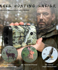 Range Finder For Huntin Up To 1400 Yards With 6X Magnification, Angle Compensation, Height Readout, Vibration Resistant Build For Tree Stand Bow Huntin And Rifle Shots, Delivers True Horizontal Distance On Slopes. camo hunting rangefinder in hand with mode display