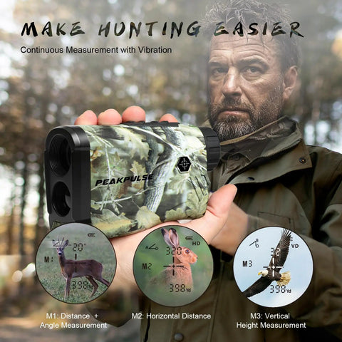 Range Finder For Huntin Up To 1400 Yards With 6X Magnification, Angle Compensation, Height Readout, Vibration Resistant Build For Tree Stand Bow Huntin And Rifle Shots, Delivers True Horizontal Distance On Slopes. camo hunting rangefinder in hand with mode display