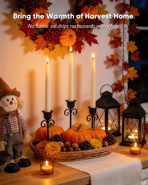 Harvest-themed table with pumpkins and Green Striped Flameless Taper Candles With Remote Timer, 6 Pack, 9.6 Inch Real Wax Battery Operated Candlesticks.