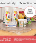 Rectangular Refrigerator Lazy Susan With 360 Degree Turntable in use, showcasing anti-slip suction cups and items on PET shelf