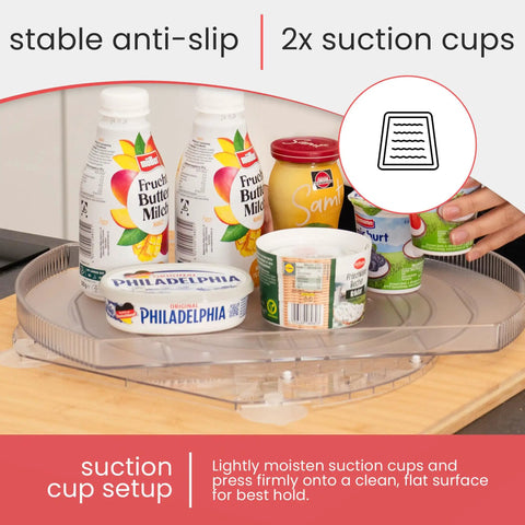 Rectangular Refrigerator Lazy Susan With 360 Degree Turntable in use, showcasing anti-slip suction cups and items on PET shelf