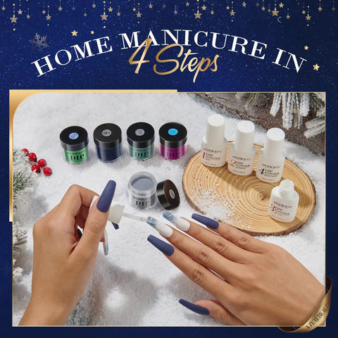 Hands applying glitter powder from Dope Dip Powder Nail Kit With 20 Color Changing Glitter Powders And Full Liquid Set Base Coat Top Coat Activator Brush Saver For French Manicure DIY Salon At Home.