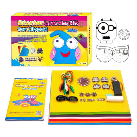 LilyPad Sewable Electronics Starter Kit for Arduino Learning with components and colorful packaging displayed.