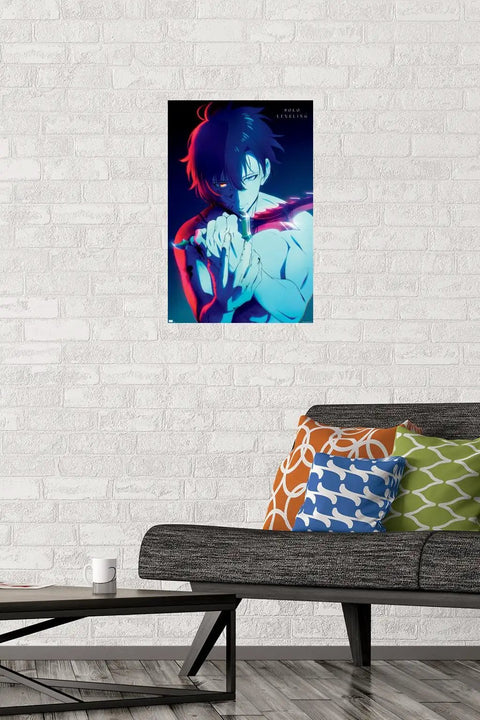 Solo Leveling Sung Teaser Wall Poster Featuring Straight Fire Glossy Anime Art And Easy Peel Mounting Tabs For Zero Hole Wall Display, 22 By 15 Inch Premium Vibe Check Bundle displayed in a modern living room with colorful pillows.