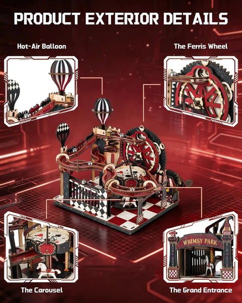 3D Marble Run Puzzle Kit For Adults, Fantasy Land Wooden Mechanical Model Building Set, Gear Ball DIY Kit, Mind Blowing Marble Track For Home Decor, Challenging Yet Satisfying Puzzle Gift Idea; wooden Whimsy Park details