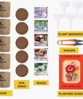 Indoor Daisy Garden Starter Kit With Planter Bags, Markers, Soil Disks, Mini Shears, And Planting Guide components displayed