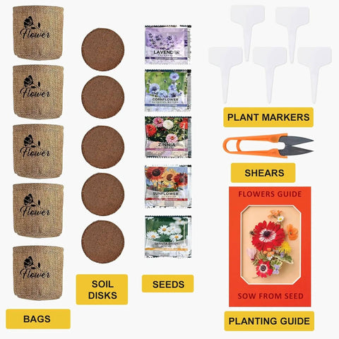 Indoor Daisy Garden Starter Kit With Planter Bags, Markers, Soil Disks, Mini Shears, And Planting Guide components displayed