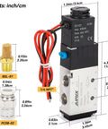 DC12V Pneumatic Solenoid Valve 4V210-08 shown with 1/4 inch NPT connections and wiring detail, highlighting dimensions and fittings.