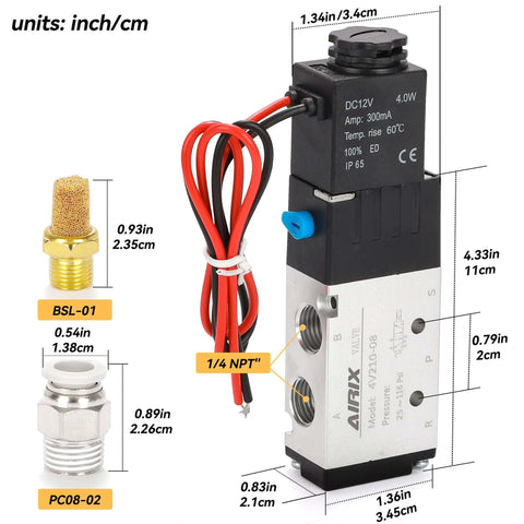 DC12V Pneumatic Solenoid Valve 4V210-08 shown with 1/4 inch NPT connections and wiring detail, highlighting dimensions and fittings.