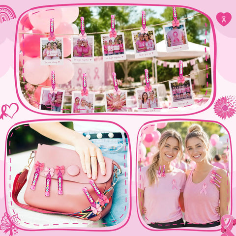 Breast Cancer Awareness Duck Cheer Pins Kit for Volleyball Squad and Team Spirit Crafting Includes 60 Rose Red Wooden Clothespins 60 Rose Red Mini Ducks 60 Pink Ribbon Charms 60 Ribbon Bows Five Bags of Letter Beads Fight and a Glue Tube. Pink ribbon photo display and team pins