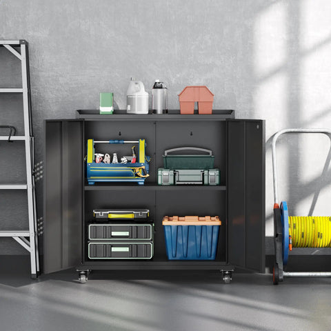 Durable Heavy Duty 34 Inch Steel Garage Storage Cabinet Featuring Smooth Roll Caster Wheels And Adjustable Shelf Layouts For Secure Locking And Shop Grade Black Tool Storage