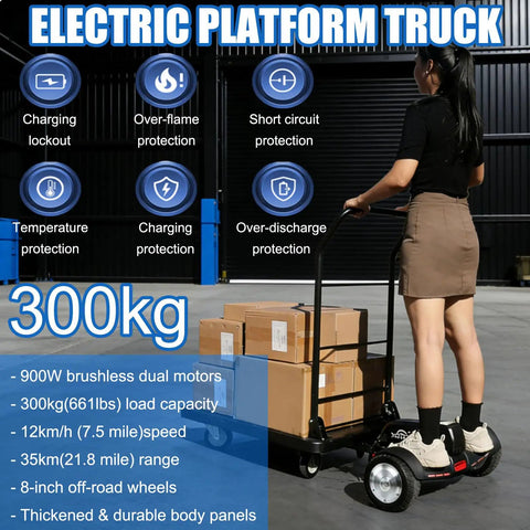 ErShangMao Motorized Flatbed Cart With 900W Dual Brushless Motor, 12kmH Electric Pallet Jack For Warehouse with boxes and safety features.