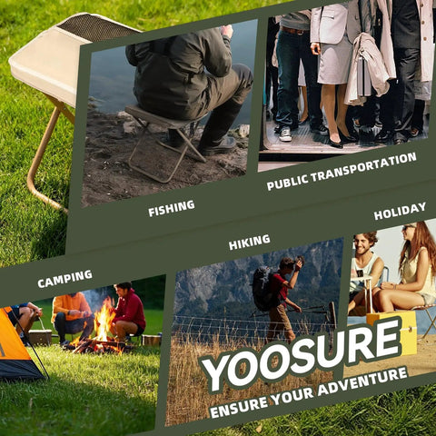 Extra Tall Portable Folding Stool For Adults With 16 Inch Carry Bag shown in various uses: fishing, camping, hiking, and travel.