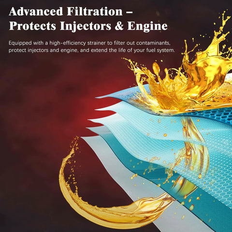 Illustration showing advanced filtration layers protecting fuel injectors and engine with flowing fuel graphic.