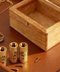 Brass Cabinet Hinges Set With Drill Bit For Easy Hidden Mounting, 10mm Barrel, next to wooden box, screws visible