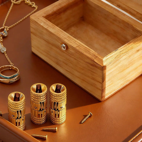 Brass Cabinet Hinges Set With Drill Bit For Easy Hidden Mounting, 10mm Barrel, next to wooden box, screws visible