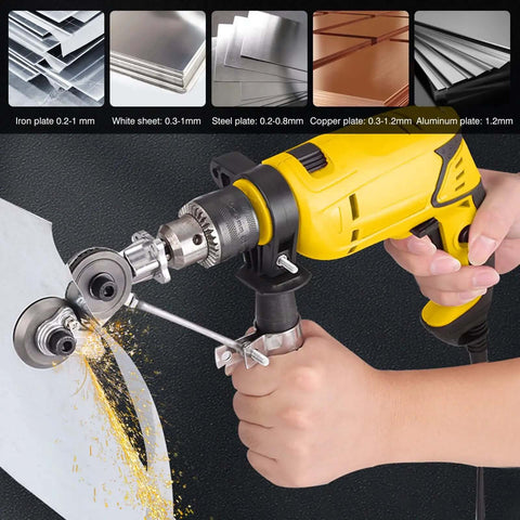 Using an electric drill plate cutter attachment for cutting metal plates 0.8mm capacity double headed sheet metal cutter.