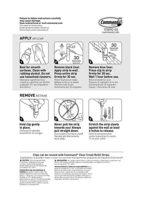 Instruction sheet for applying and removing Quartz Plastic Spring Clips 8 Pack For Dorm Décor Damage Free Hanging No Tools Required.