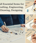 Pro Grade Geometry Set 15 Piece Drafting Kit With Protractor, Compass, Metal Ruler, Triangles, Pencils in use on drafting table.