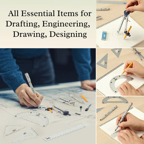 Pro Grade Geometry Set 15 Piece Drafting Kit With Protractor, Compass, Metal Ruler, Triangles, Pencils in use on drafting table.
