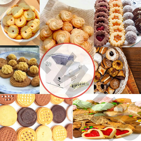 Collage of cookies made with Automatic Cookie Making Machine 180W With Powerful Motor And 50 To 60 RPM Nozzles Molds