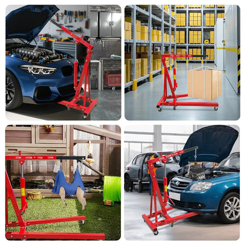 Folding Hydraulic Engine Hoist Two Ton Capacity With Quick Lever Operation And Six Iron Caster Wheels Red in workshop with car engine.