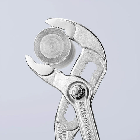 Cobra Water Pump Pliers Chrome With One Handed Adjustment and Guard 27 Position Fine Adjustment gripping round metal object