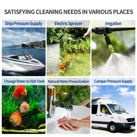 Collage displaying 12V DC Fresh Water Pump With 2 Hose Clamps For Marine And Lawn Use in various applications like garden, boat, and aquarium.