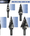 Pro Grade Workhorse 5 Piece High Speed Steel Step Drill Bit Set For Sheet Metal With 50 Hole Sizes Double Flute Cutting