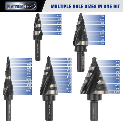 Pro Grade Workhorse 5 Piece High Speed Steel Step Drill Bit Set For Sheet Metal With 50 Hole Sizes Double Flute Cutting