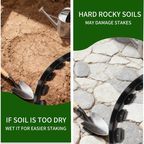 No Dig Garden Edging Kit With 100 Ft Of Flexible Tool Free Lawn Border Coil In Black Includes 100 Spikes For Easy Install On Yard Flower Bed Lawn Or Pathway Two Pack 50 Ft Each, showing edging installed on soil and rocky surface with shovels.