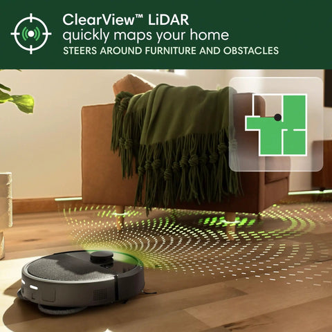 Plus 405 2In1 Vacuum And Mop Robot With Auto Wash Dock Dual Spin Mop Pads Smart Mapping Pet Hair Power Self Emptying Base shown mapping a living room with LiDAR.