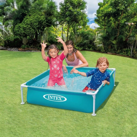 Kids playing in 4 Foot By 12 Inch Mini Durable Vinyl Kiddie Pool For Outdoor Fun, Above Ground Frame, Blue, Easy Setup Teaching Pool