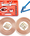 25 Ft Copper Coated Brake Line Kit For Auto Repair, 1/4 And 3/16 Inch Lines, shown with fittings, tube bender, and flare tools