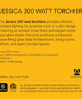 Description of Jessica 300 watt torchiere with antique brass finish and opal glass shade for ambient lighting in various spaces.