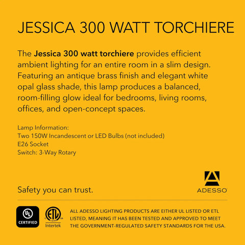 Description of Jessica 300 watt torchiere with antique brass finish and opal glass shade for ambient lighting in various spaces.