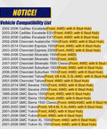 Vehicle compatibility list for front wheel bearing and hub assembly set.