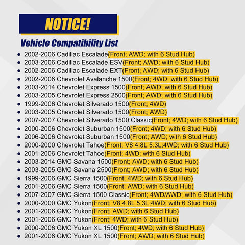 Vehicle compatibility list for front wheel bearing and hub assembly set.